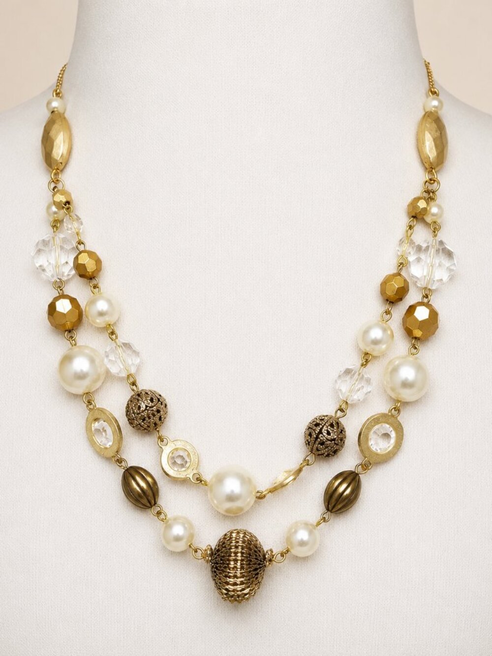 Vintage Gold-Tone Layered Beaded Statement Necklace with Faux Pearls & Crystal A